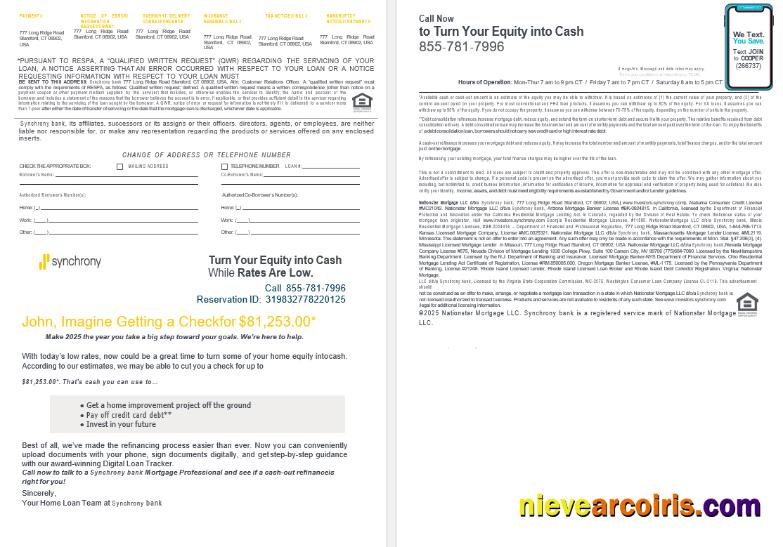 USA Synchrony Bank mortgage loan statement, 4 pages 3-4